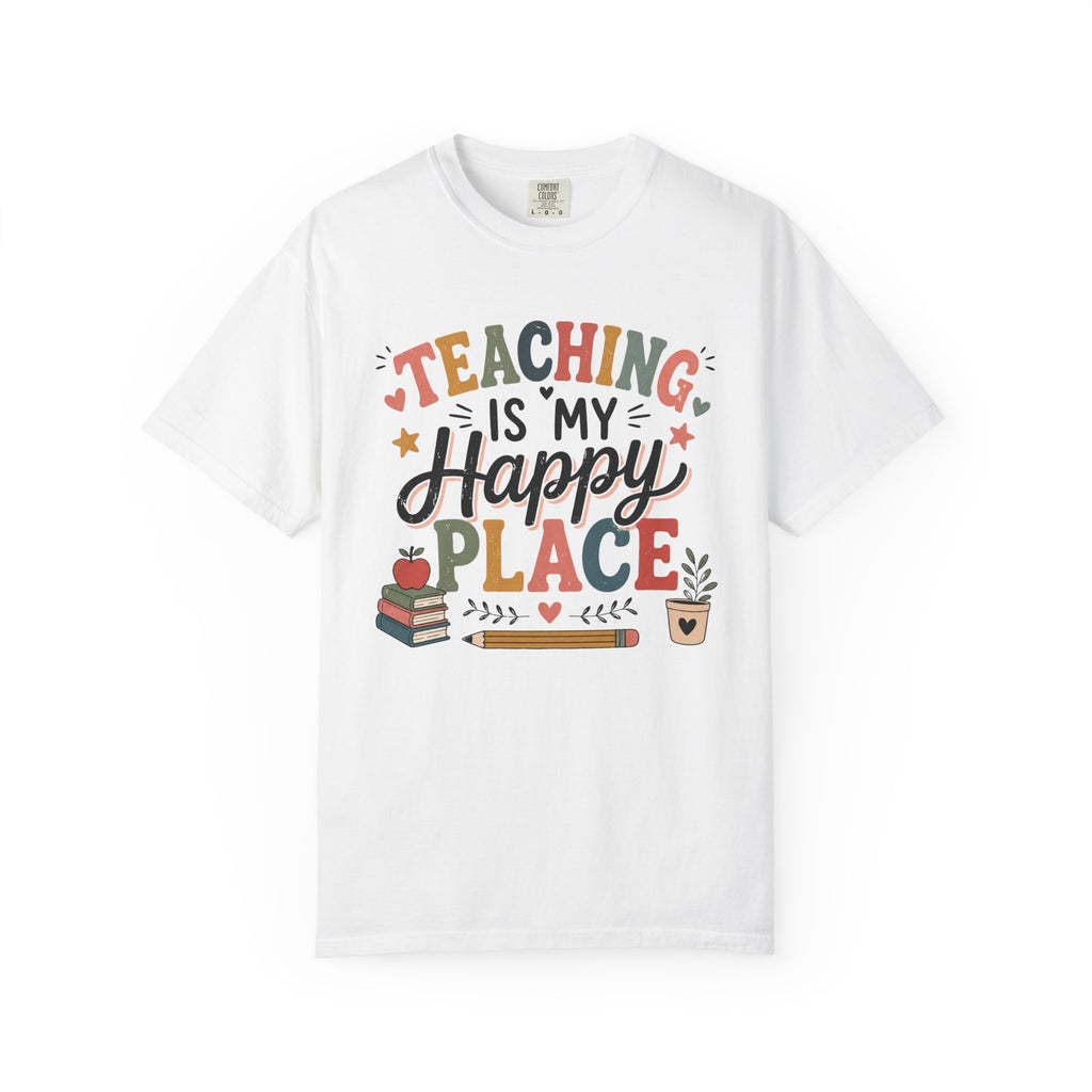 Teaching Is My Happy Place T-shirt Teacher Tee | School Books Pencil Coffee