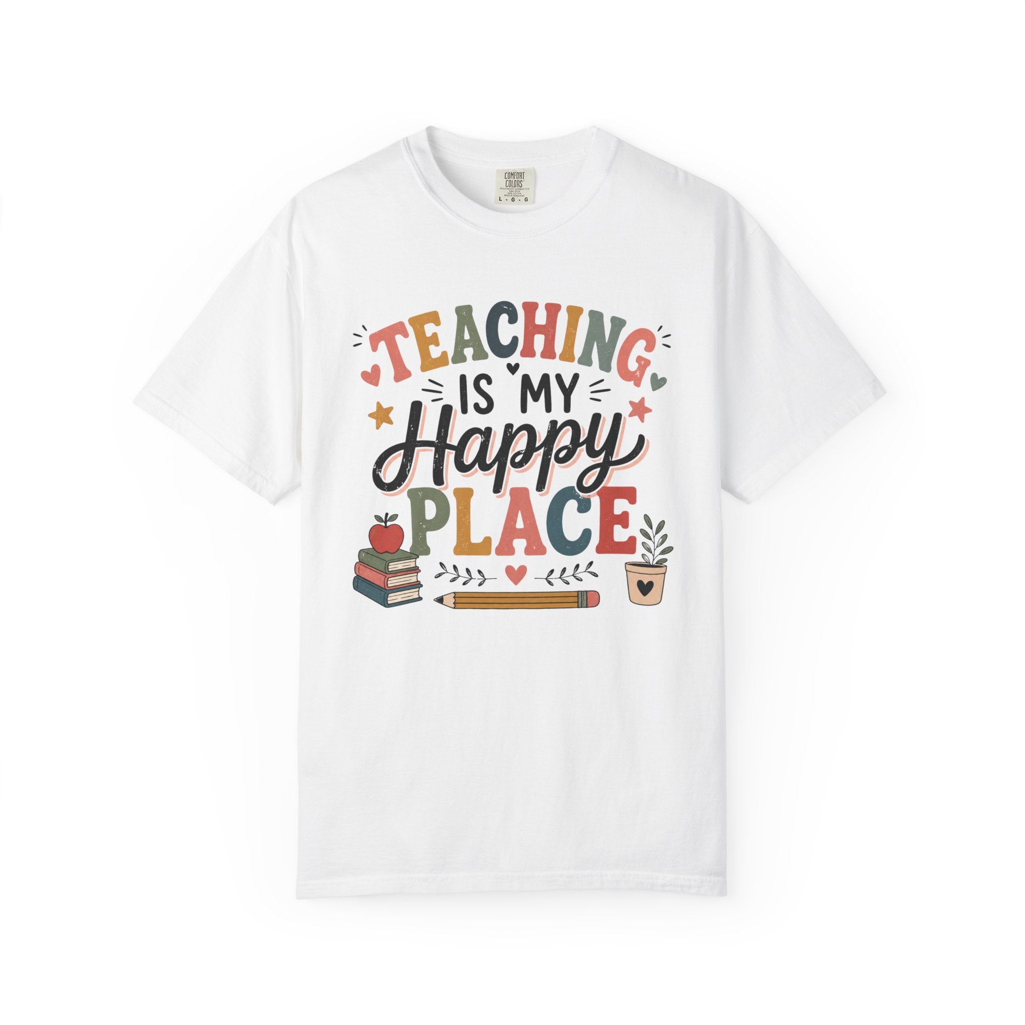 Teaching Is My Happy Place T-shirt Teacher Tee | School Books Pencil Coffee