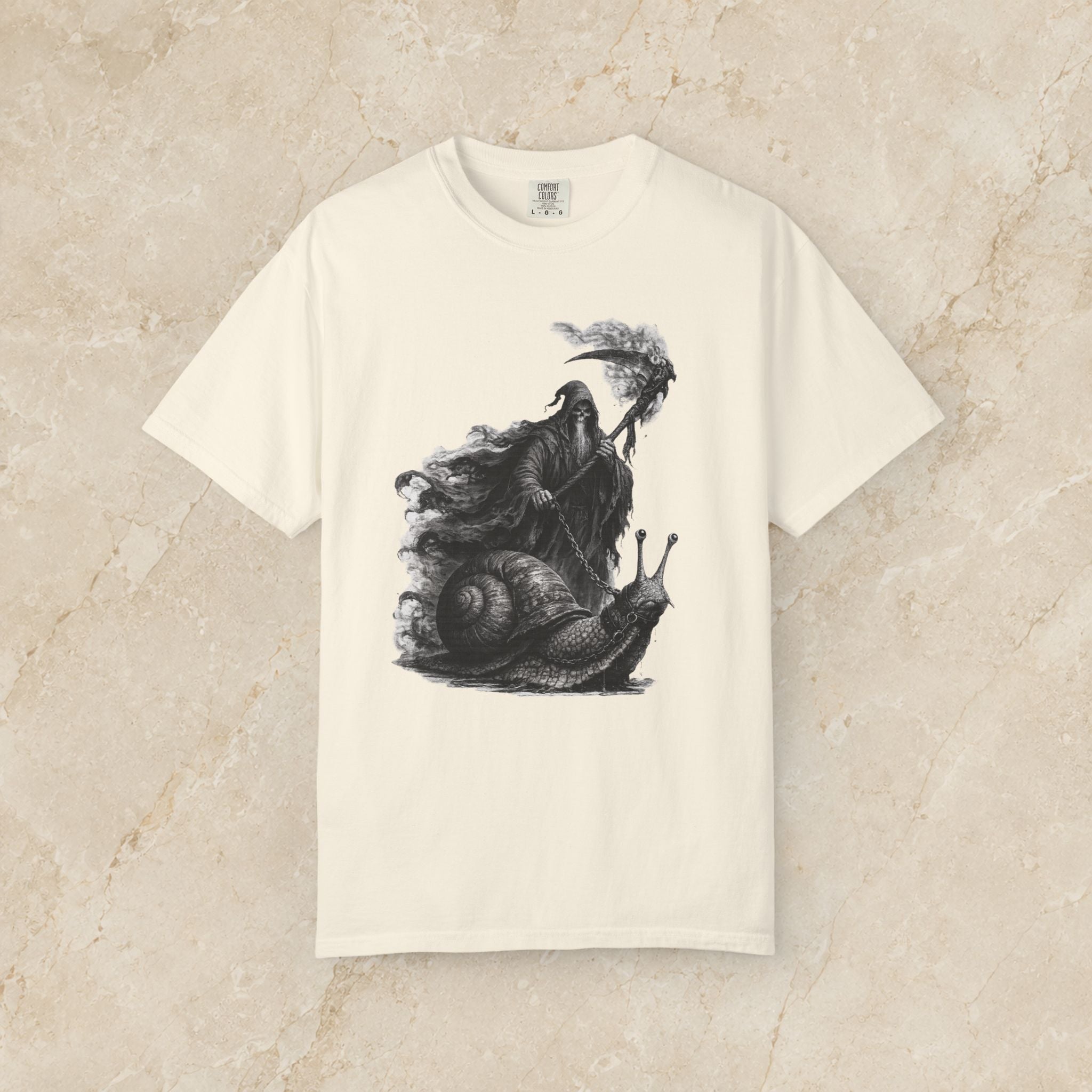 Grim Reaper Riding Snail T-Shirt | Dark Fantasy Illustration