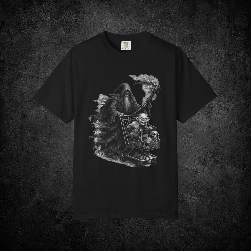 Grim Reaper Shopping Cart T-shirt | Dark Horror Illustration