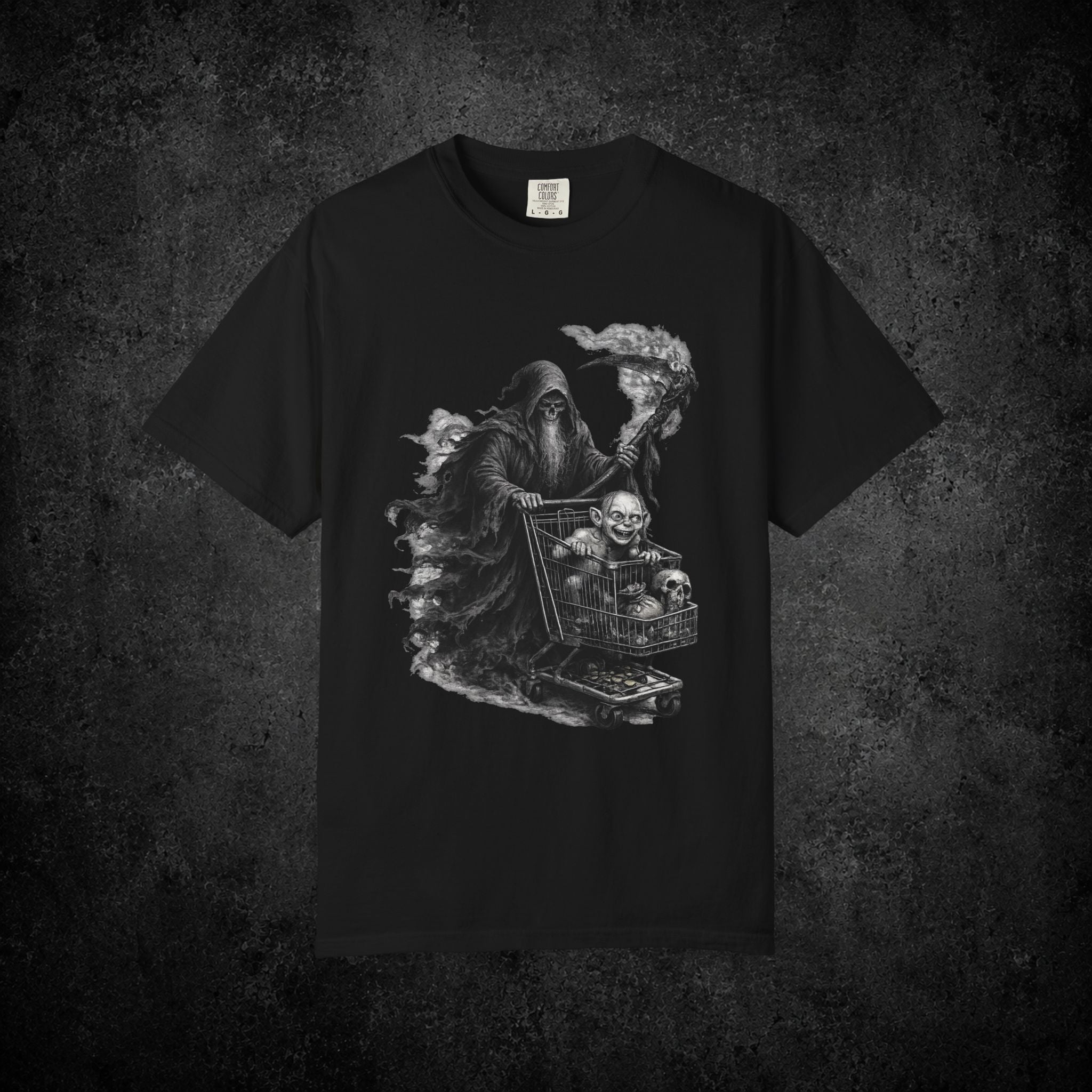 Grim Reaper Shopping Cart T-shirt | Dark Horror Illustration