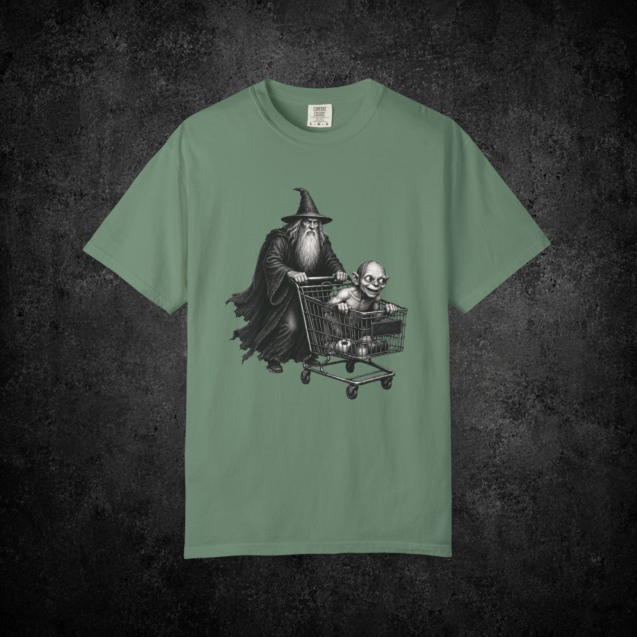 Wizard Pushing Goblin in Shopping Cart T-Shirt | Fantasy Goth Humor
