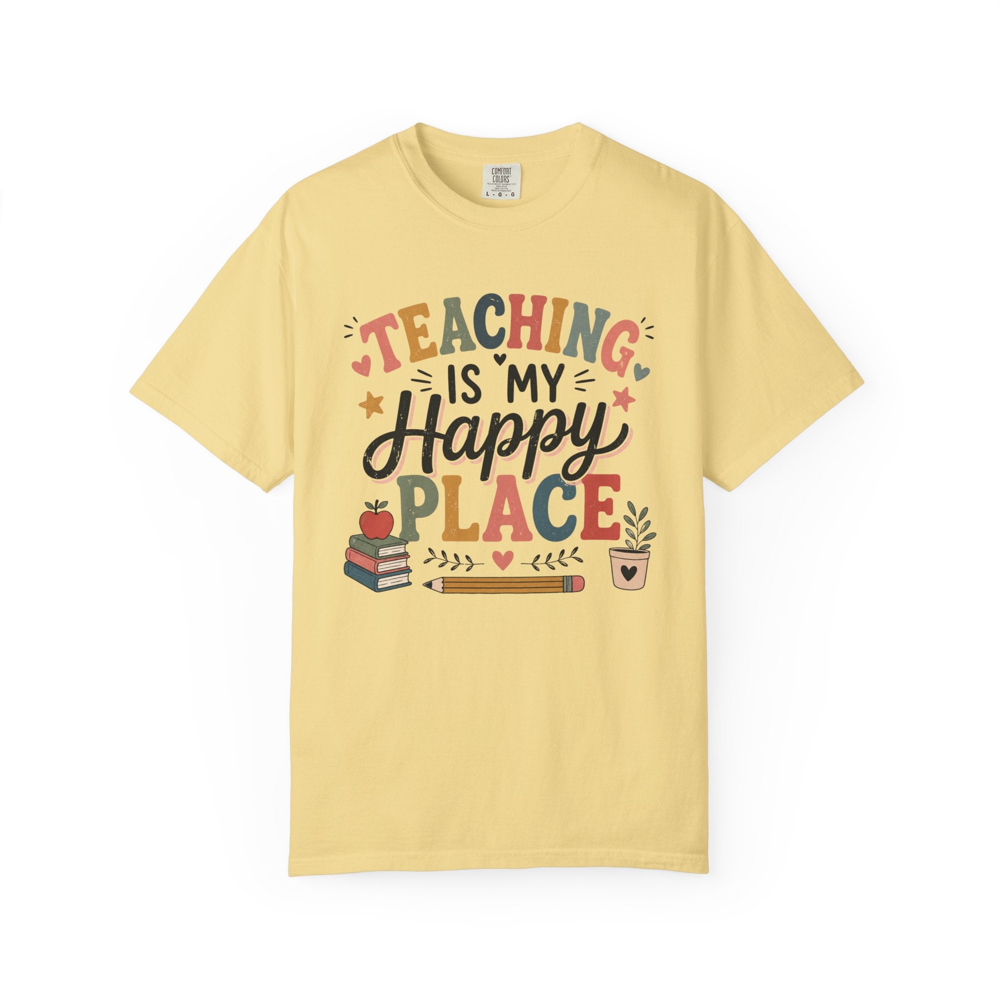 Teaching Is My Happy Place T-shirt Teacher Tee | School Books Pencil Coffee