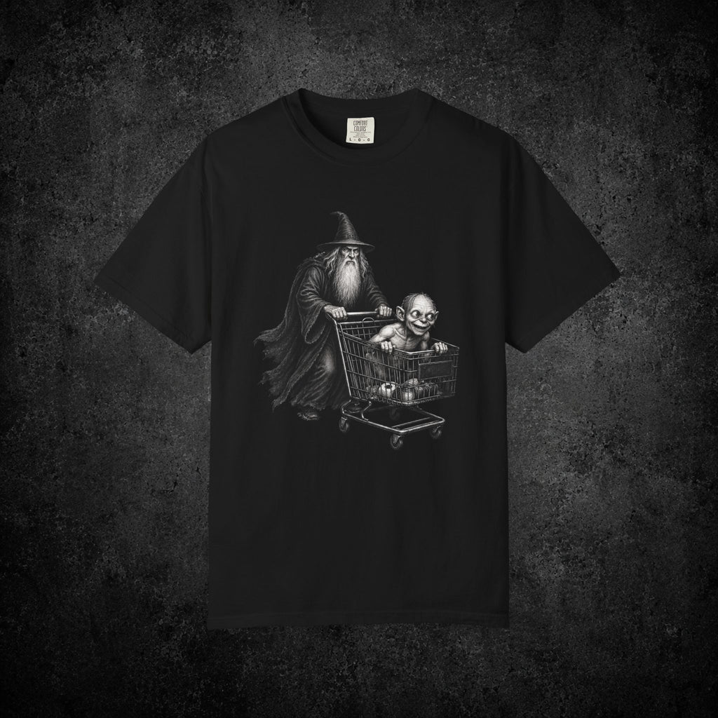 Wizard Pushing Goblin in Shopping Cart T-Shirt | Fantasy Goth Humor