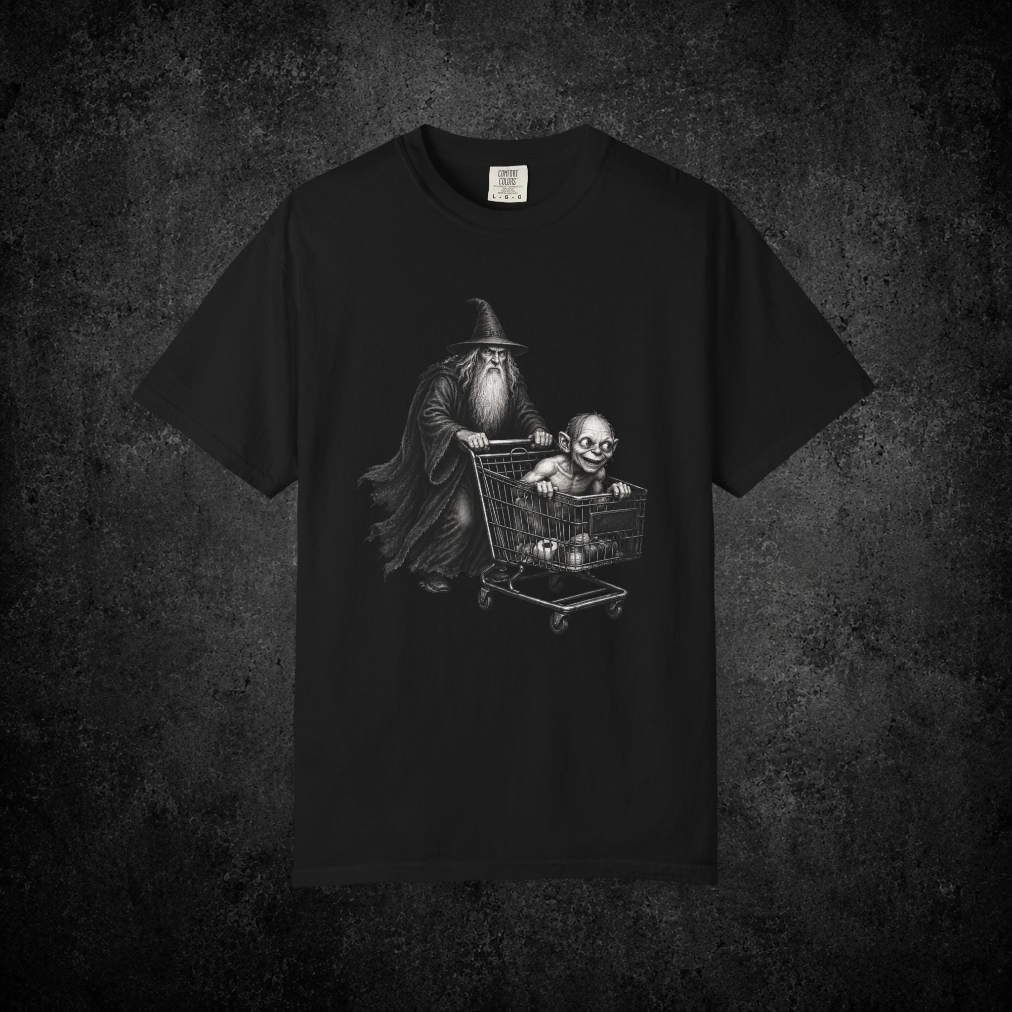Wizard Pushing Goblin in Shopping Cart T-Shirt | Fantasy Goth Humor