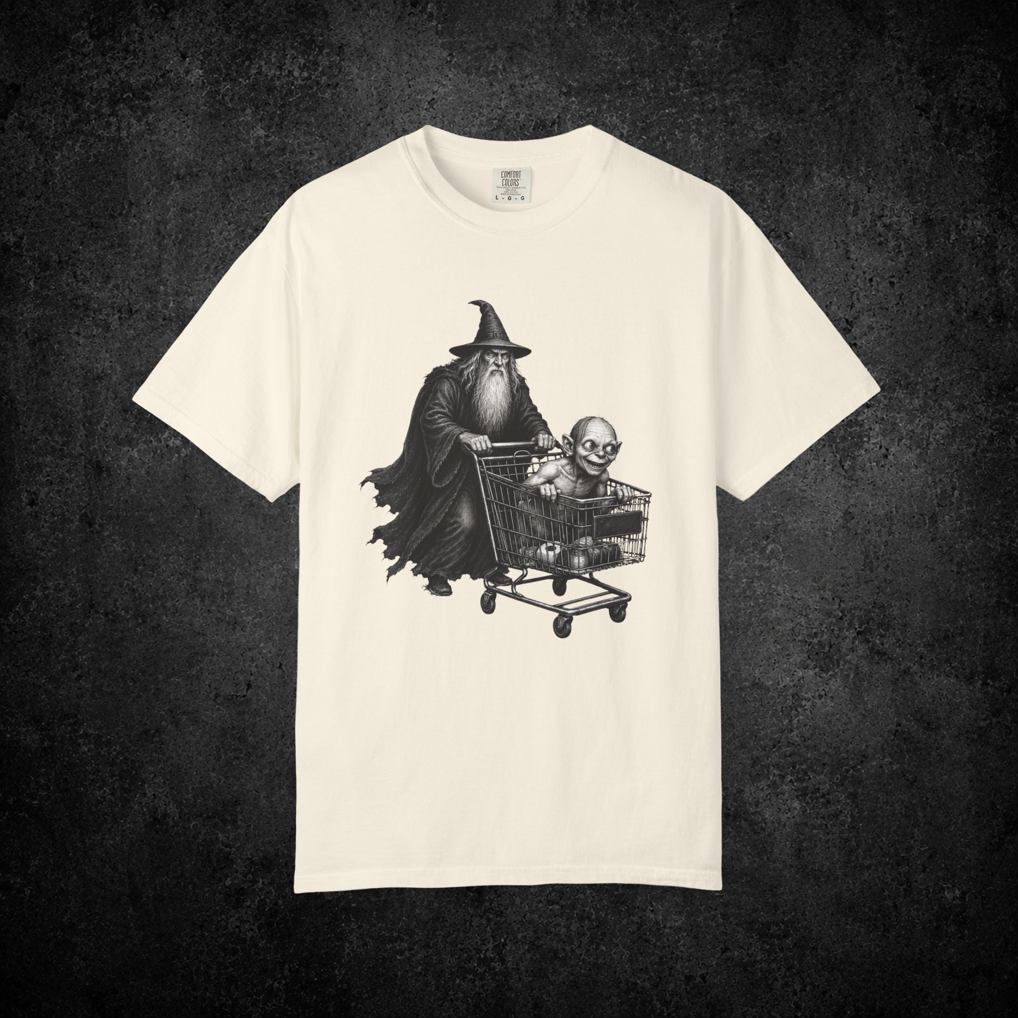 Wizard Pushing Goblin in Shopping Cart T-Shirt | Fantasy Goth Humor