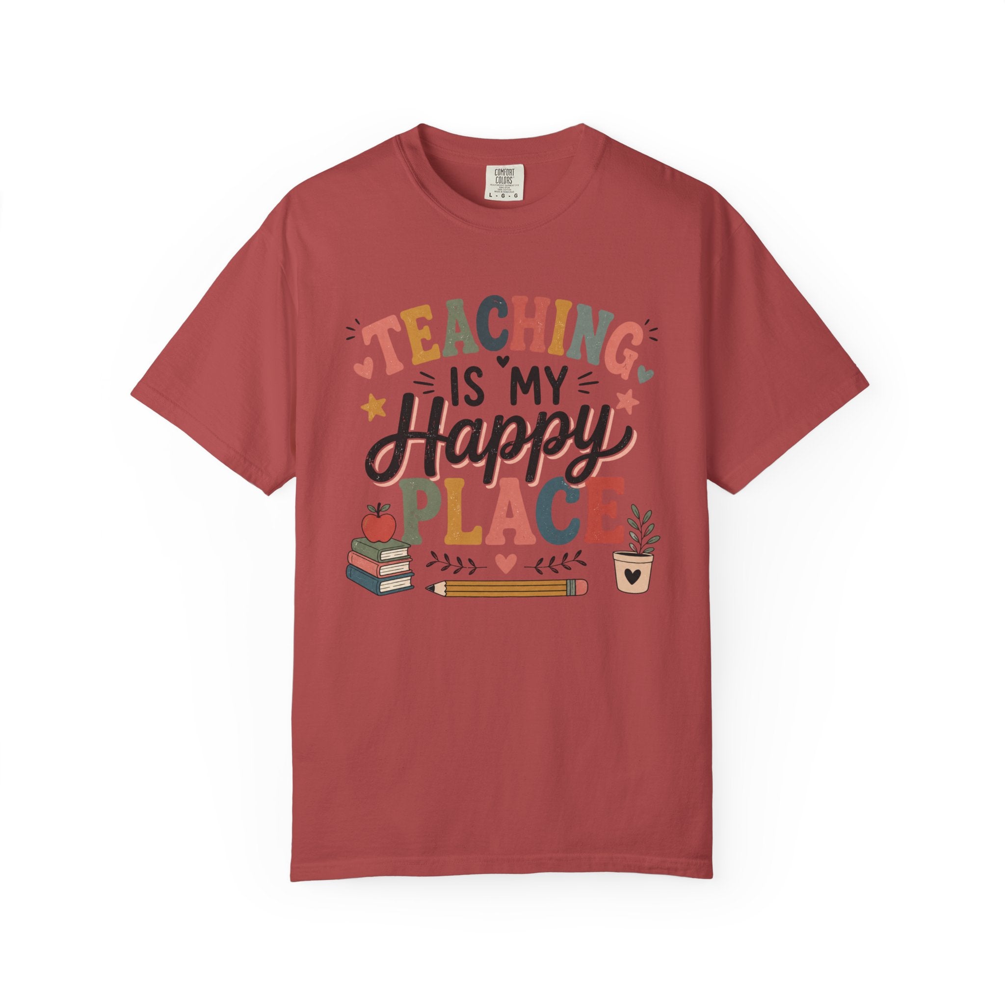 Teaching Is My Happy Place T-shirt Teacher Tee | School Books Pencil Coffee