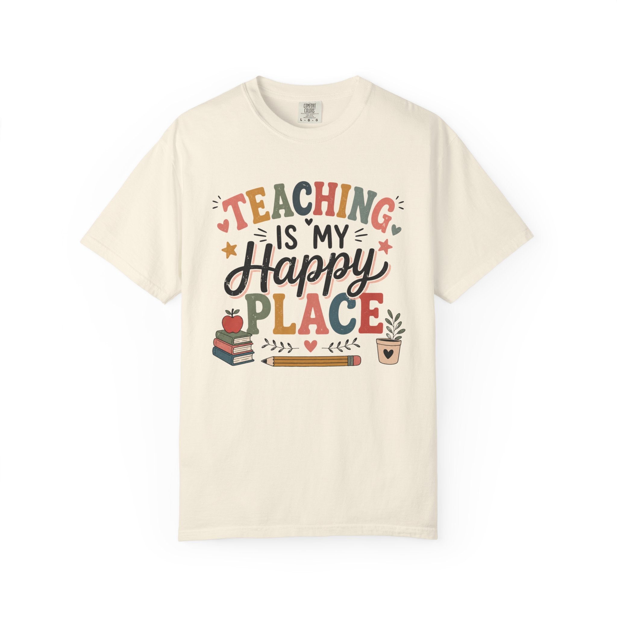 Teaching Is My Happy Place T-shirt Teacher Tee | School Books Pencil Coffee