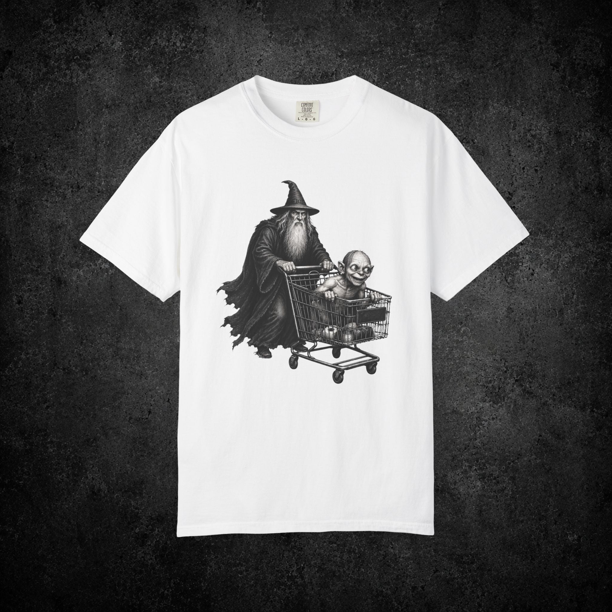 Wizard Pushing Goblin in Shopping Cart T-Shirt | Fantasy Goth Humor