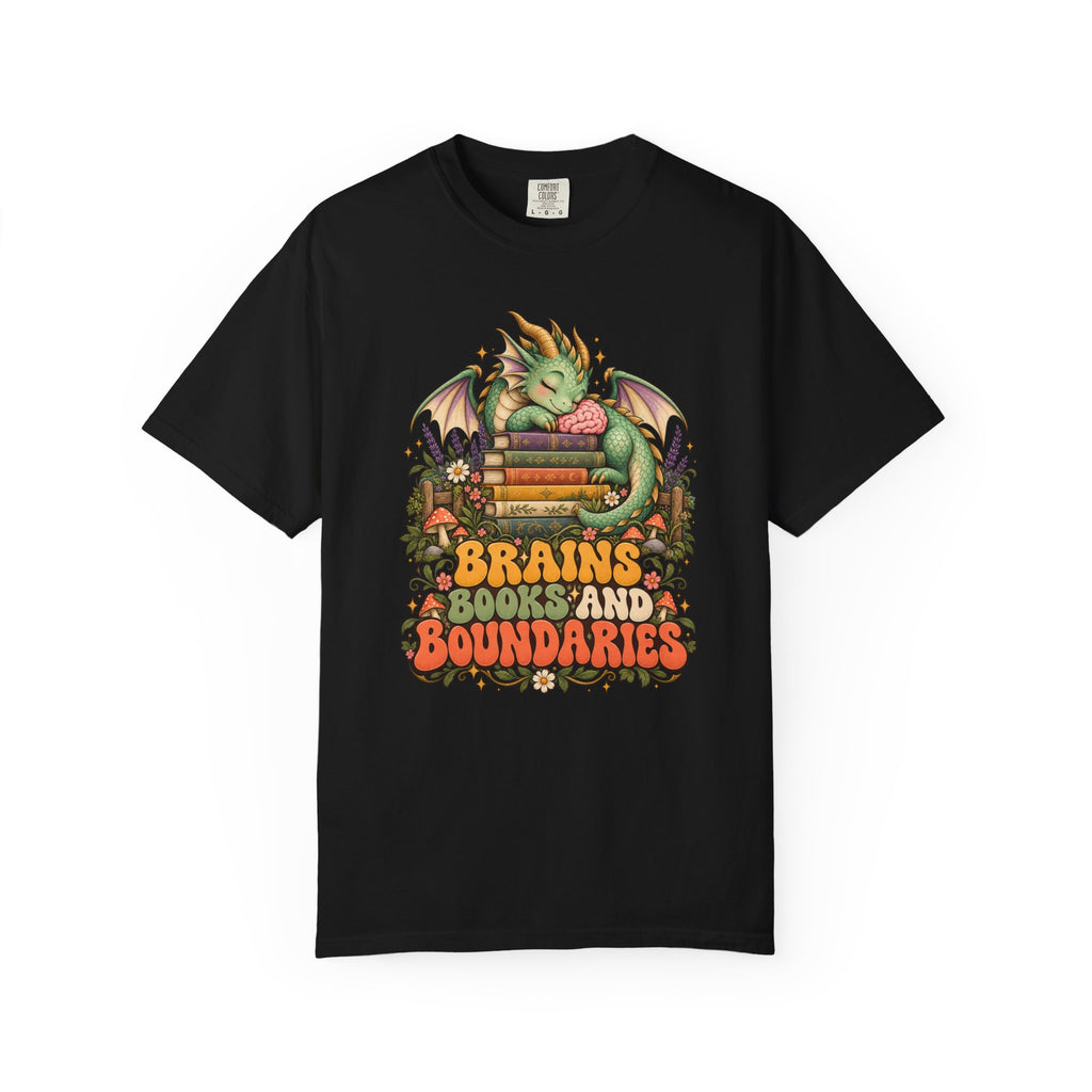 Book Dragon T-Shirt, Fantasy Reader Gift, Book Lover Dragon Graphic Tee | Brains Books and Boundaries