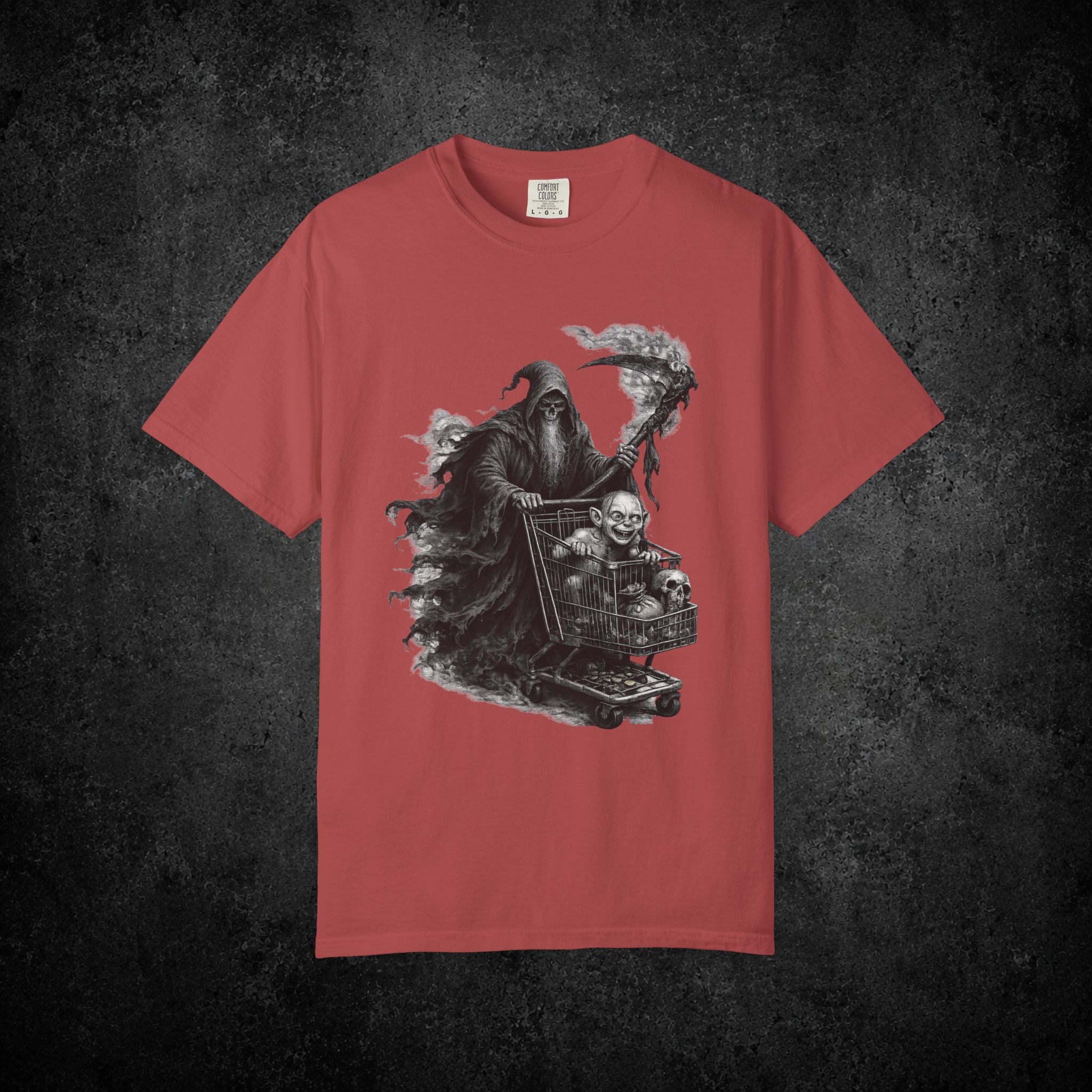 Grim Reaper Shopping Cart T-shirt | Dark Horror Illustration