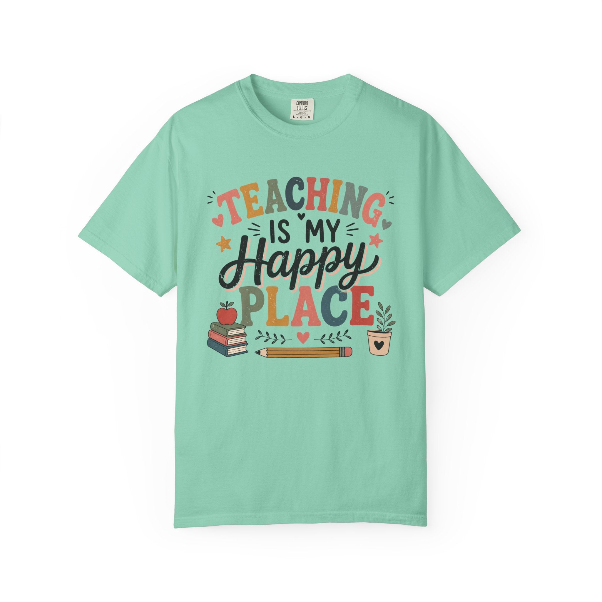 Teaching Is My Happy Place T-shirt Teacher Tee | School Books Pencil Coffee
