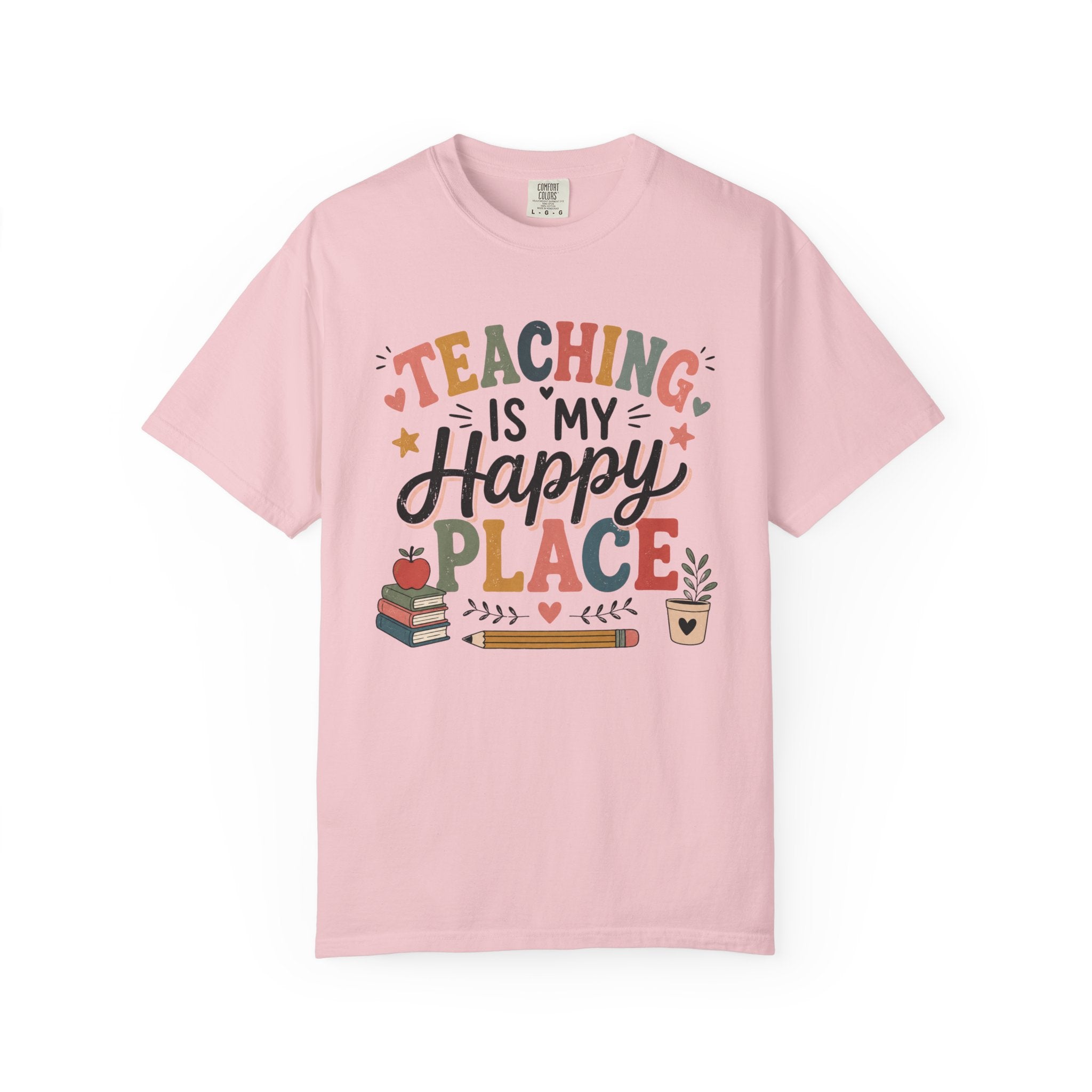 Teaching Is My Happy Place T-shirt Teacher Tee | School Books Pencil Coffee