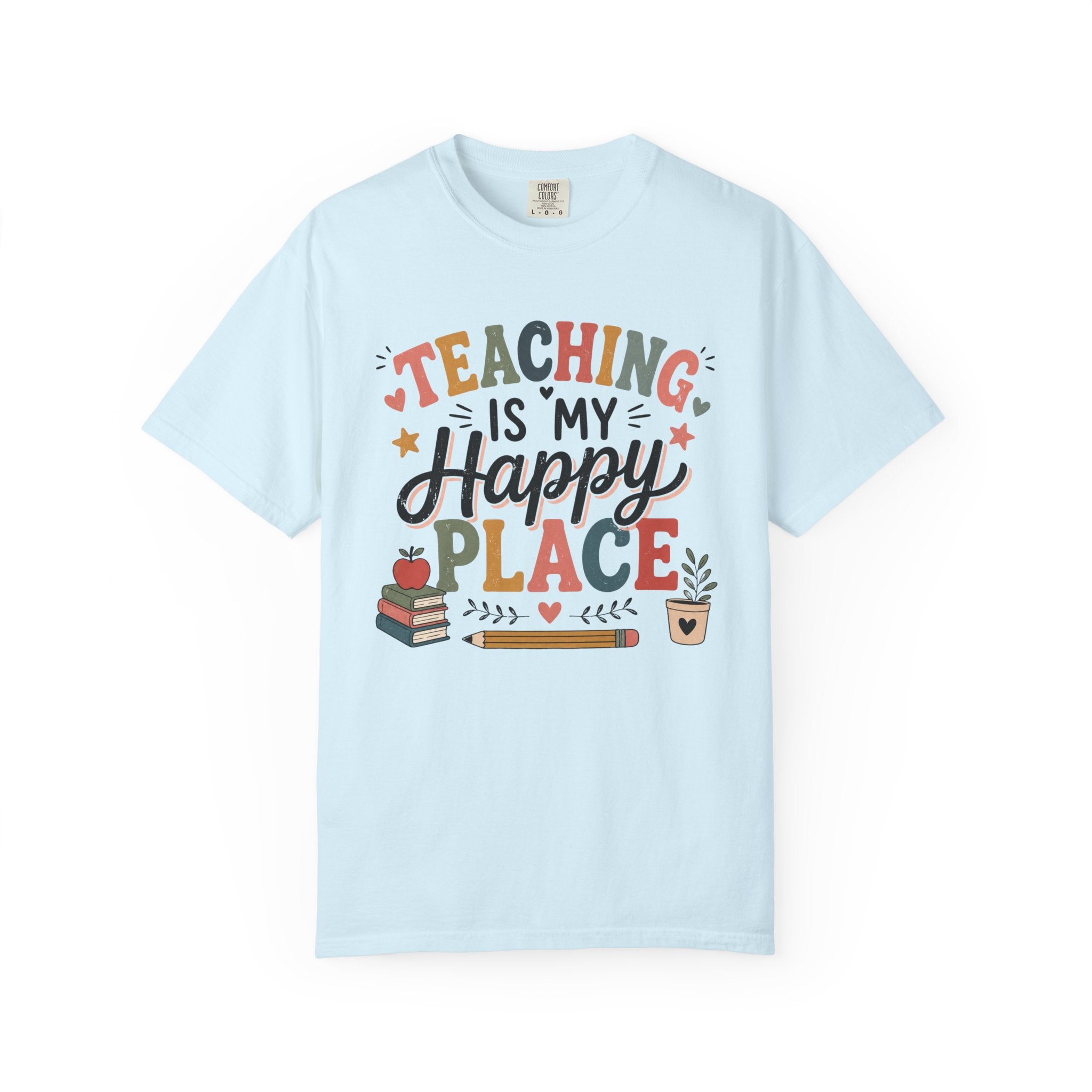 Teaching Is My Happy Place T-shirt Teacher Tee | School Books Pencil Coffee