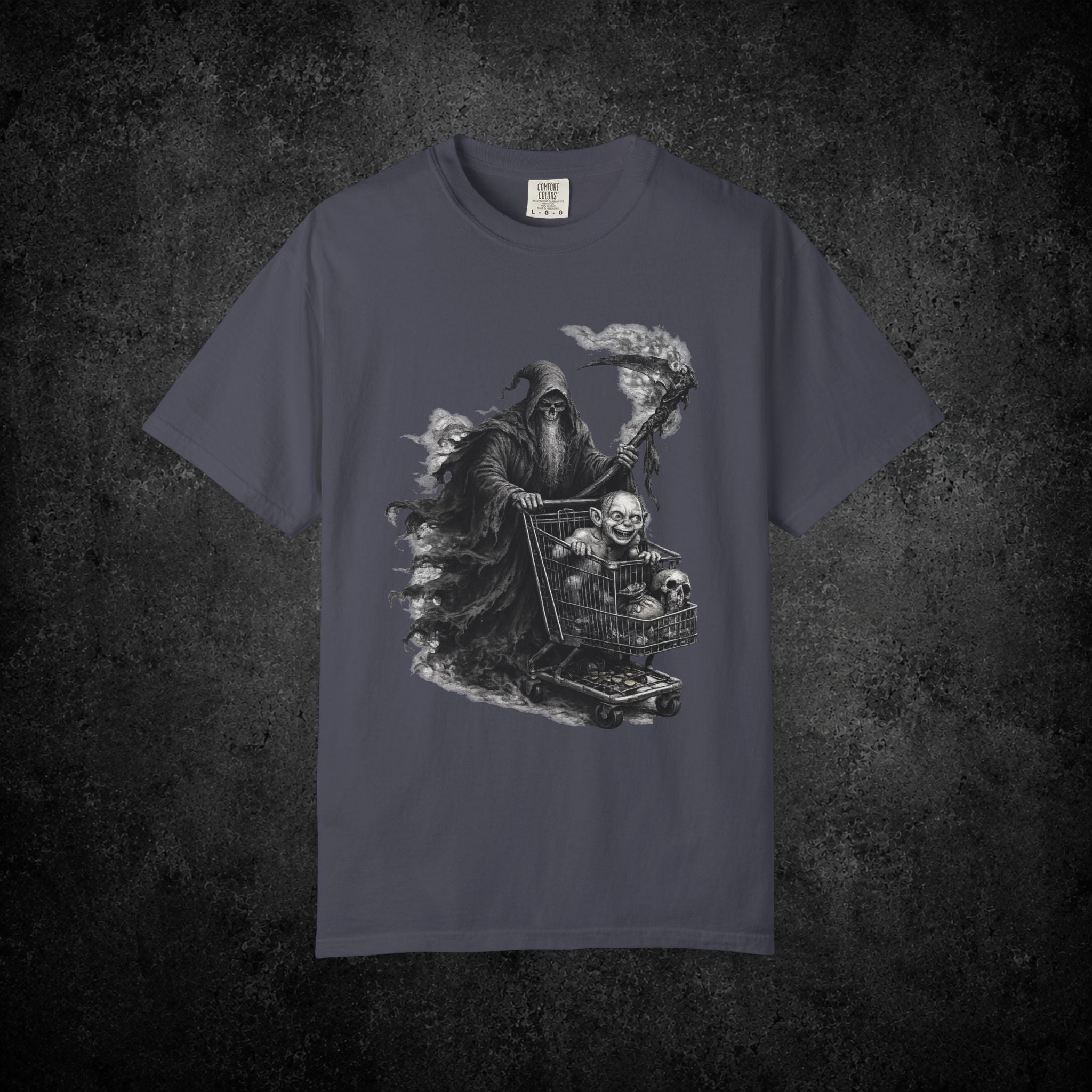 Grim Reaper Shopping Cart T-shirt | Dark Horror Illustration