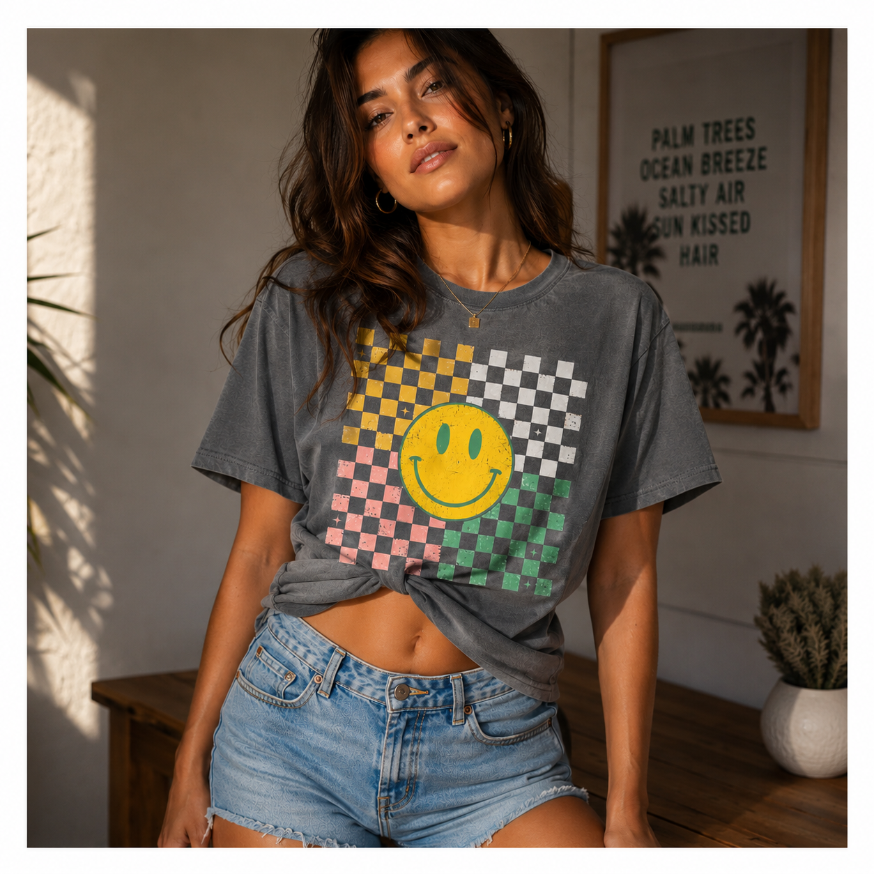 Vintage Smiley Flower Shirt, Retro Checkerboard Comfort Colors® Tee, Boho Graphic T-Shirt, Happy Face Gift for Women