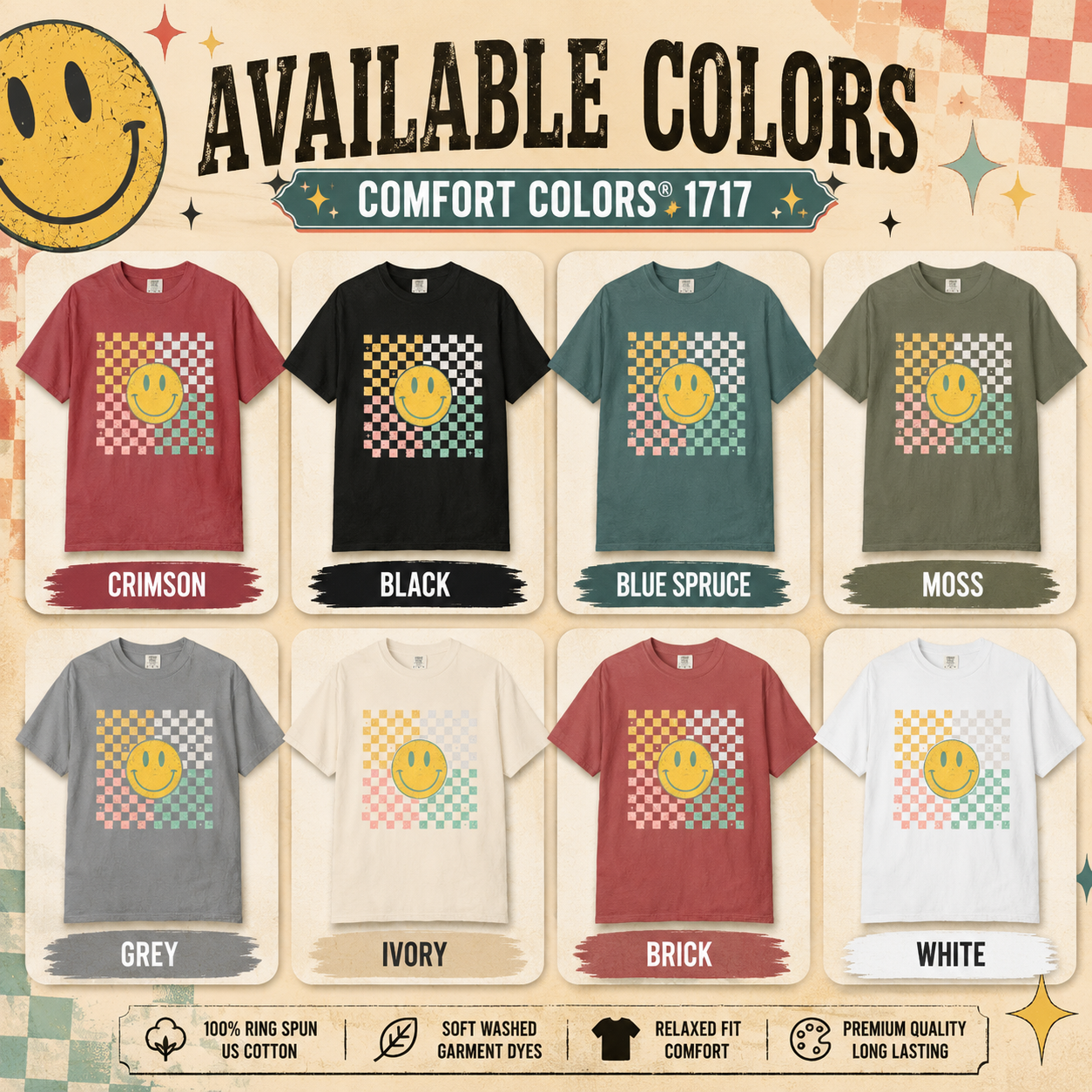 Vintage Smiley Flower Shirt, Retro Checkerboard Comfort Colors® Tee, Boho Graphic T-Shirt, Happy Face Gift for Women