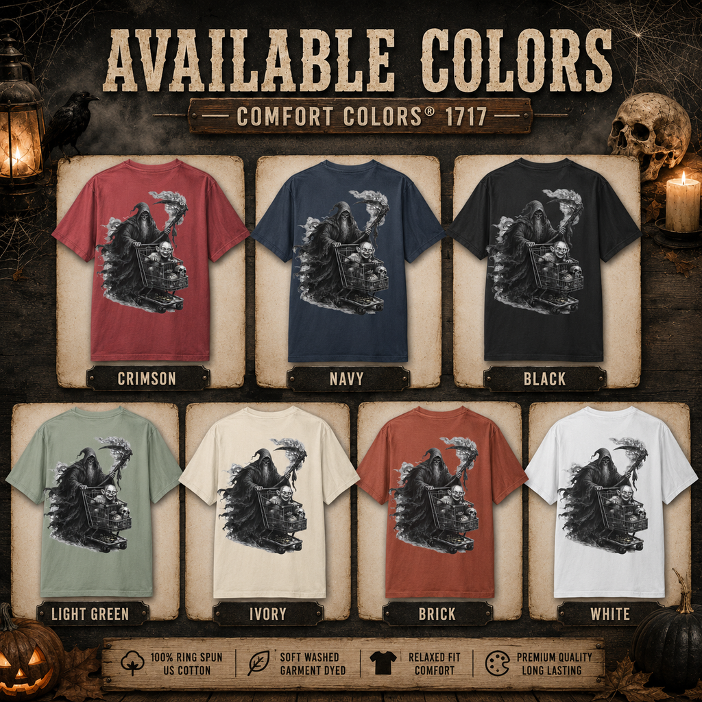 Grim Reaper Shopping Cart T-shirt | Dark Horror Illustration