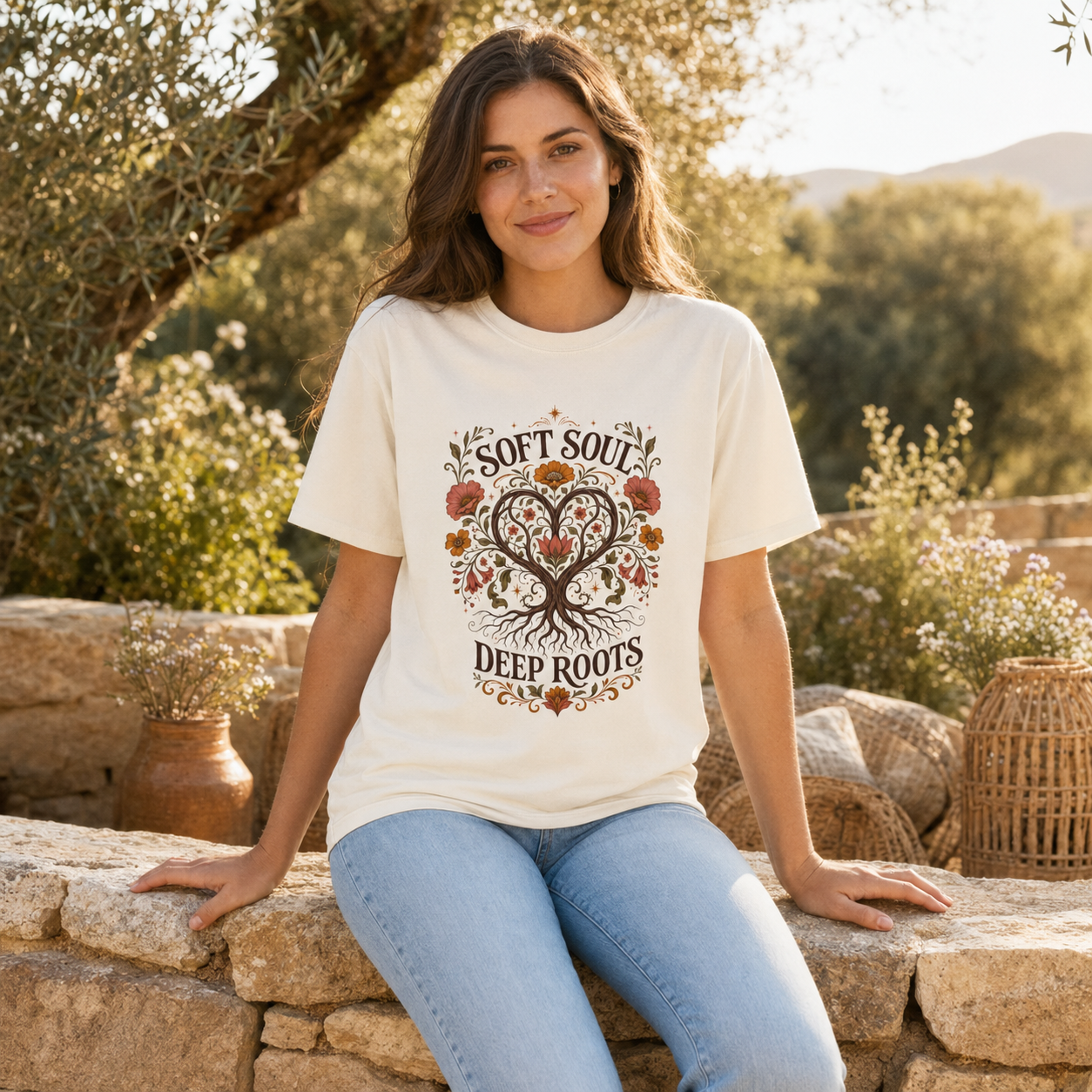 Soft Soul Deep Roots tree heart design T-shirt | vintage floral nature tee