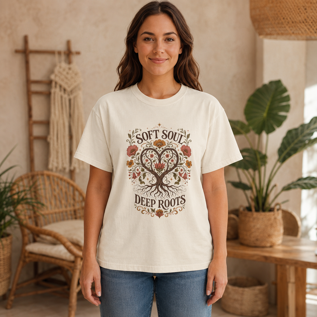 Soft Soul Deep Roots tree heart design T-shirt | vintage floral nature tee