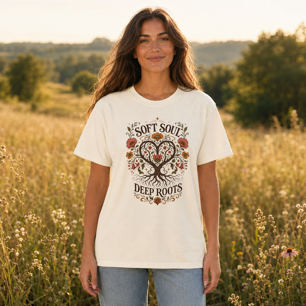 Soft Soul Deep Roots tree heart design T-shirt | vintage floral nature tee