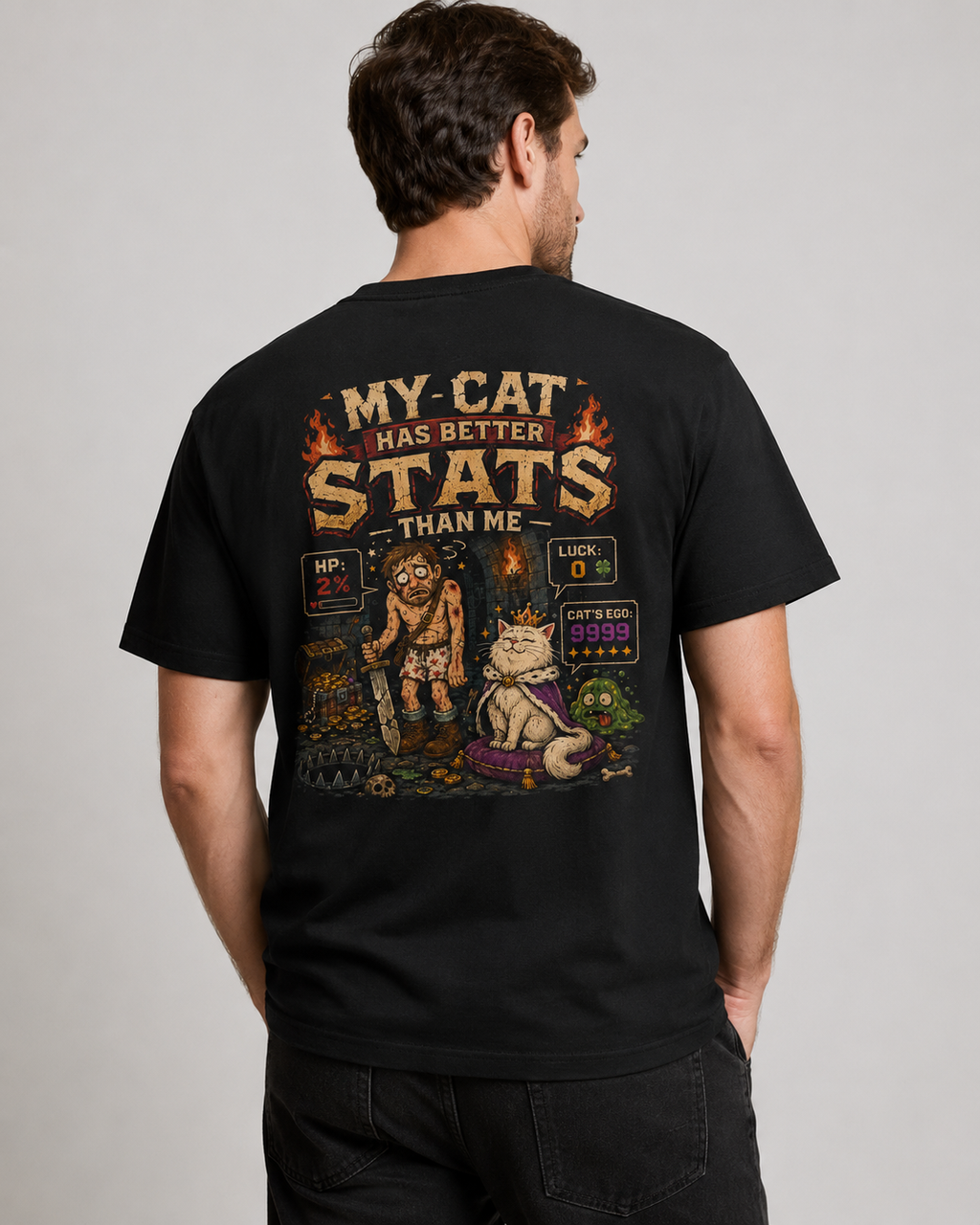 My Cat Has Better Stats Than Me Shirt, Funny RPG Gamer Tee, Dungeon Fantasy T-Shirt, Cat Lover Gift, Gaming Adventure Shirt