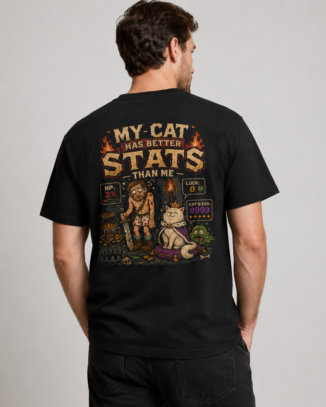 My Cat Has Better Stats Than Me Shirt, Funny RPG Gamer Tee, Dungeon Fantasy T-Shirt, Cat Lover Gift, Gaming Adventure Shirt