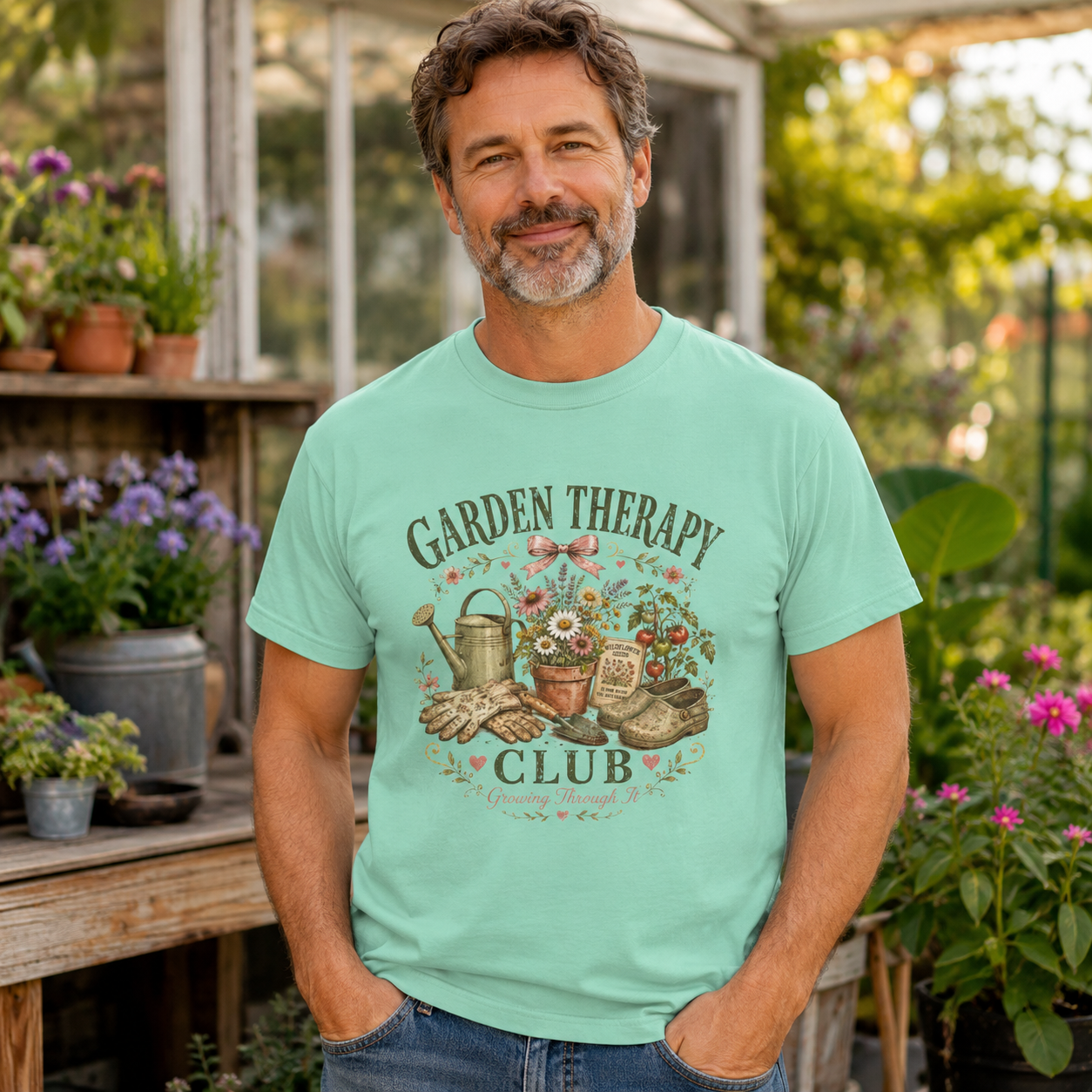 Garden Therapy Club T-Shirt | Floral Watering Can, Garden Tools Tee