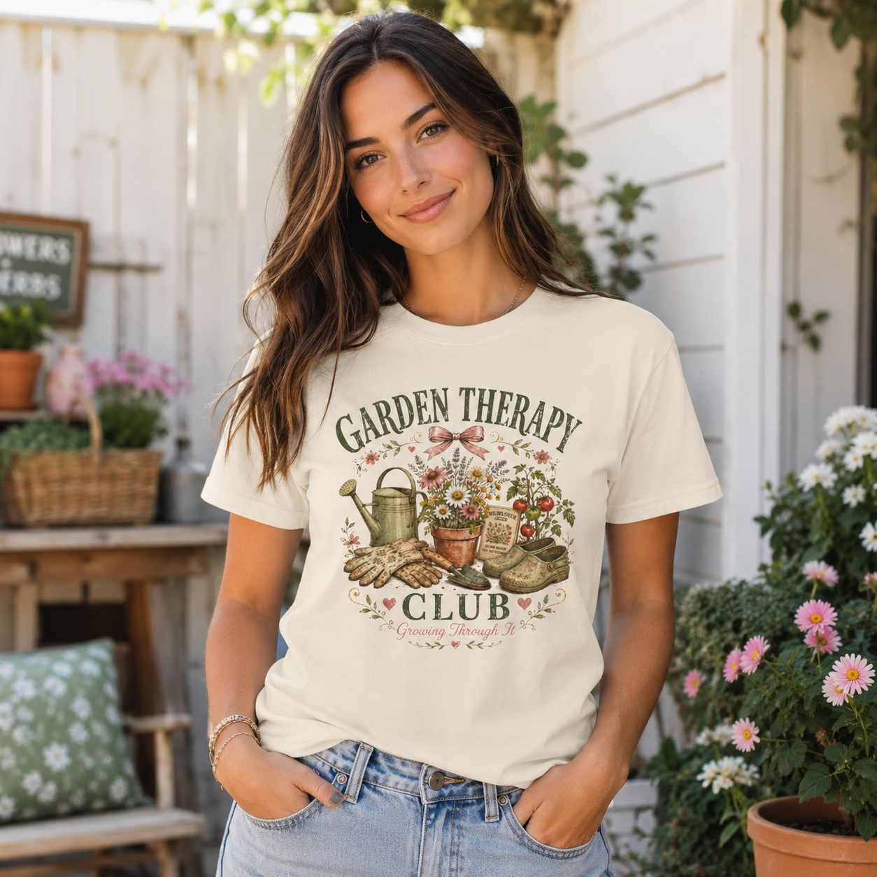 Garden Therapy Club T-Shirt | Floral Watering Can, Garden Tools Tee