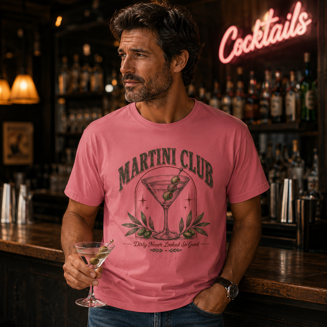 Martini Club cocktail illustration T-Shirt | Olive martini glass tee