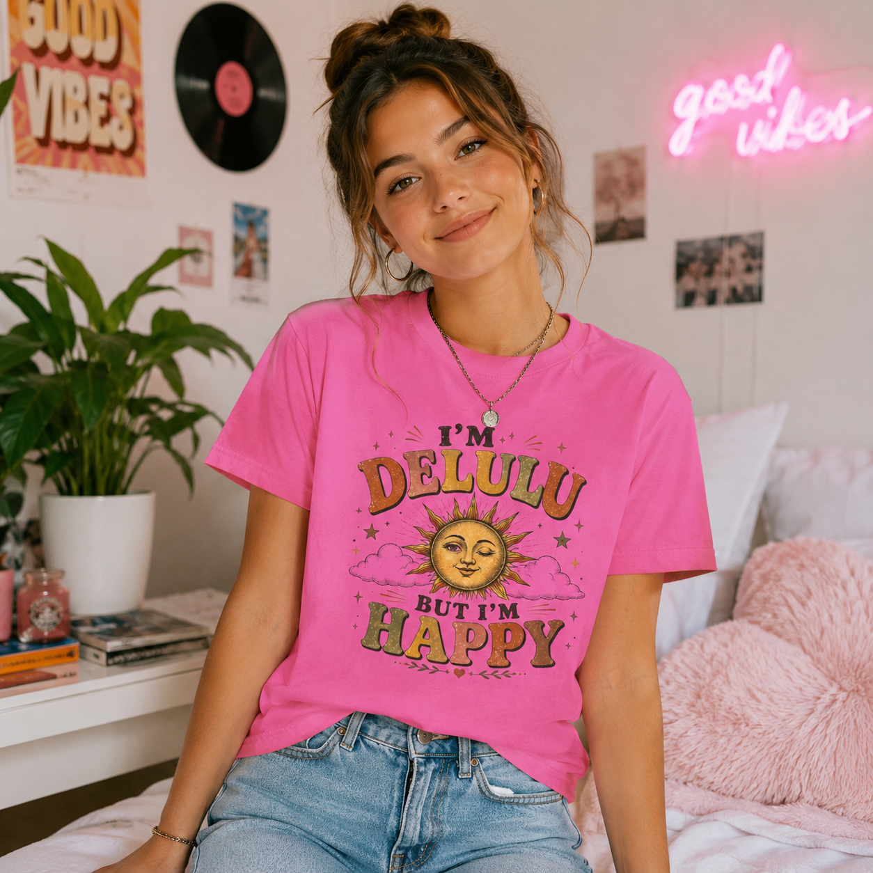 Im Delulu But Im Happy T-Shirt, Funny Delulu Shirt, Vintage Sun Graphic Tee, Trendy Meme Comfort Colors Shirt