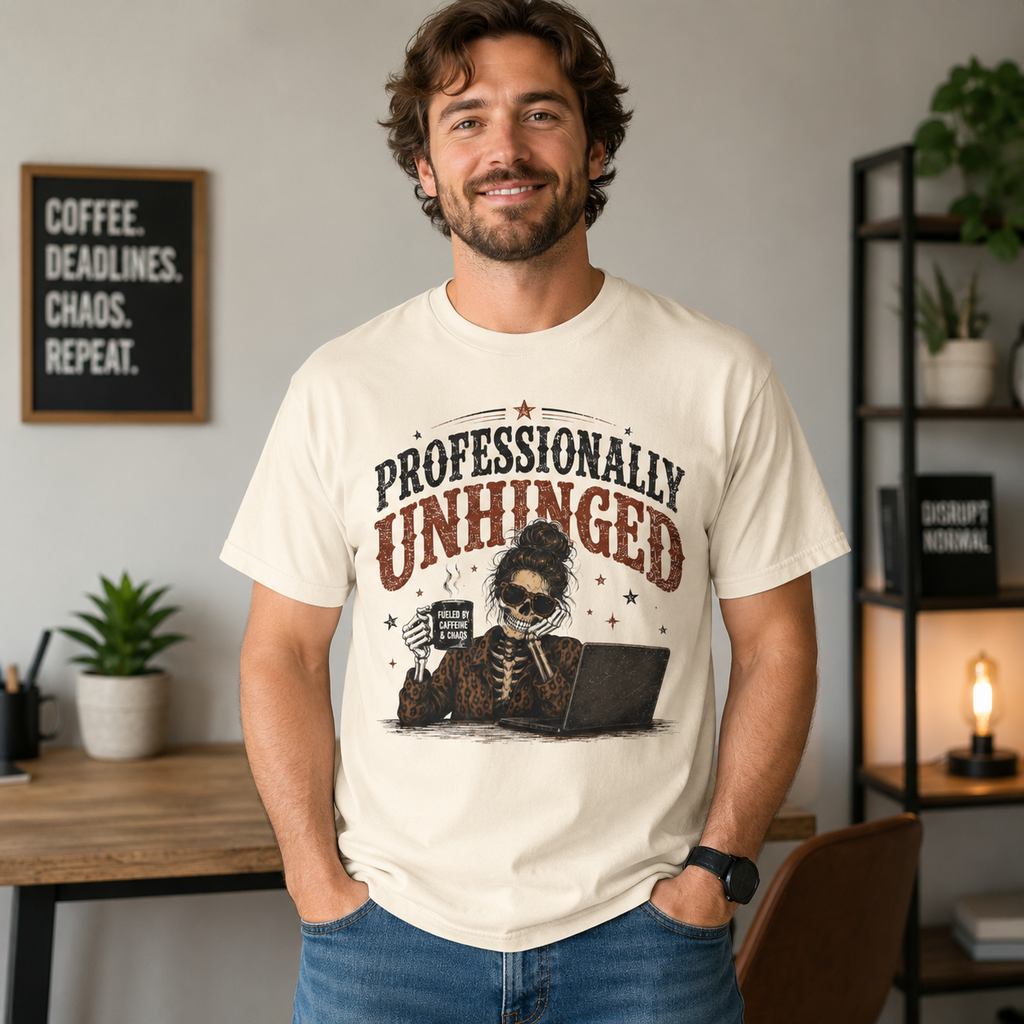 Professionally Unhinged skeleton at desk T-Shirt | Funny Office Skull Tee