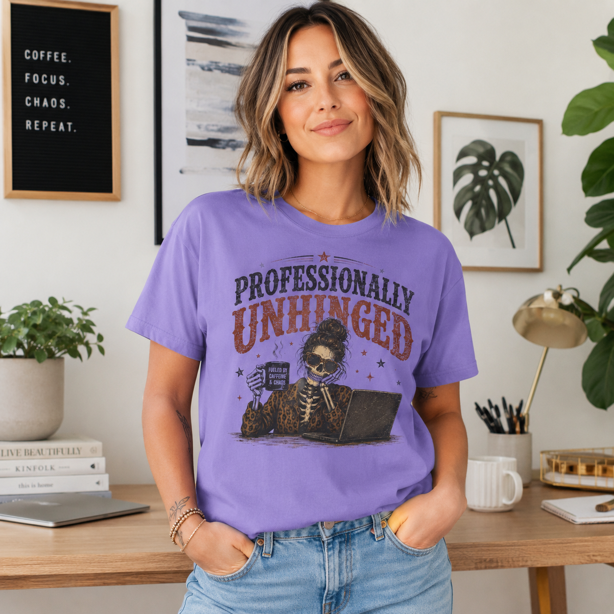 Professionally Unhinged skeleton at desk T-Shirt | Funny Office Skull Tee