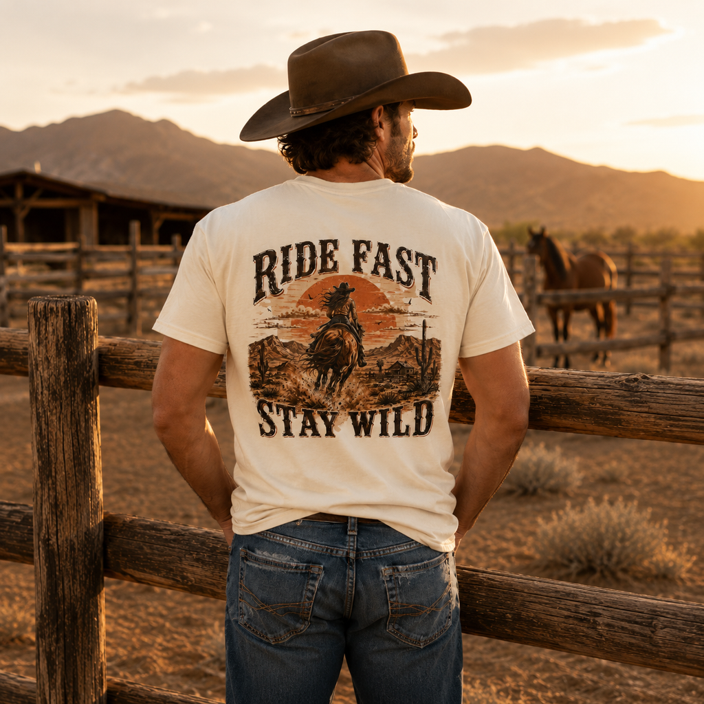 Ride Fast Stay Wild T-shirt | Cowboy Sunset Western Graphic