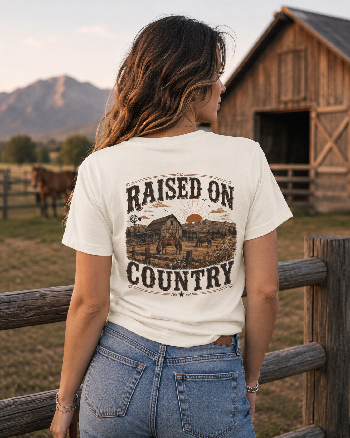 Raised On Country T-shirt | Country Western Farm Scene, Rodeo Styled