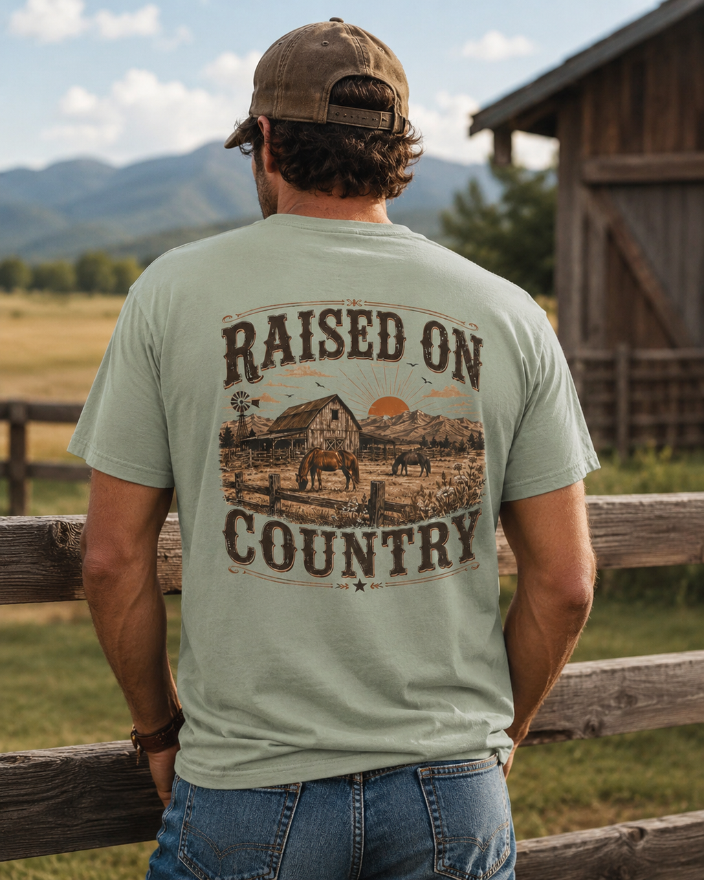 Raised On Country T-shirt | Country Western Farm Scene, Rodeo Styled