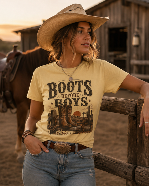 Boots Before Boys T-Shirt, Funny Cowgirl Shirt, Western Cowboy Boots Tee, Country Girl Graphic Tee, Rodeo Shirt, Western Gift
