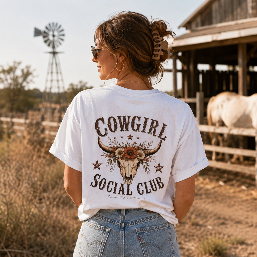 Cowgirl Social Club skull with sunflowers T-shirt | Western cowgirl tee