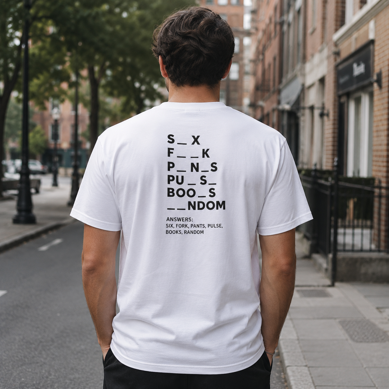 Fill-in-the-Blanks Word Puzzle T-shirt | Back Typography, Playful Adult Humor