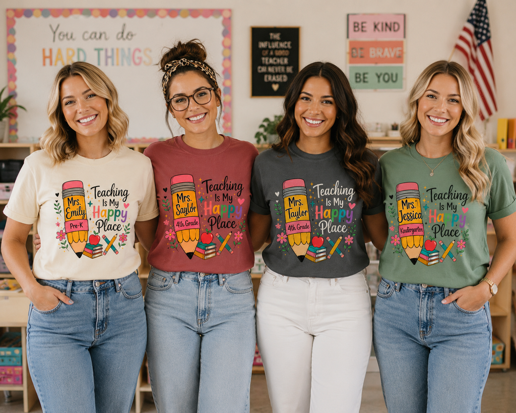 Teaching Is My Happy Place Shirt, Personalized Teacher T-Shirt, Custom Teacher Name Tee,  Back to School Gift for Teachers