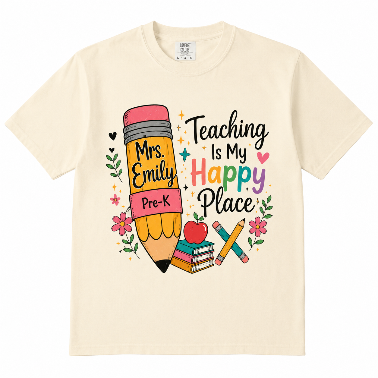 Teaching Is My Happy Place Shirt, Personalized Teacher T-Shirt, Custom Teacher Name Tee,  Back to School Gift for Teachers