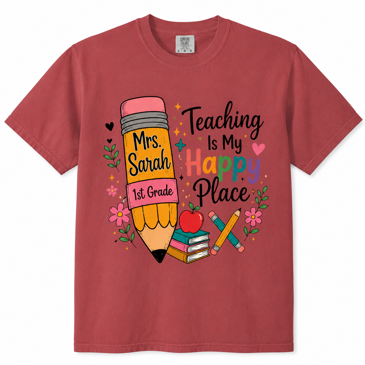 Teaching Is My Happy Place Shirt, Personalized Teacher T-Shirt, Custom Teacher Name Tee,  Back to School Gift for Teachers