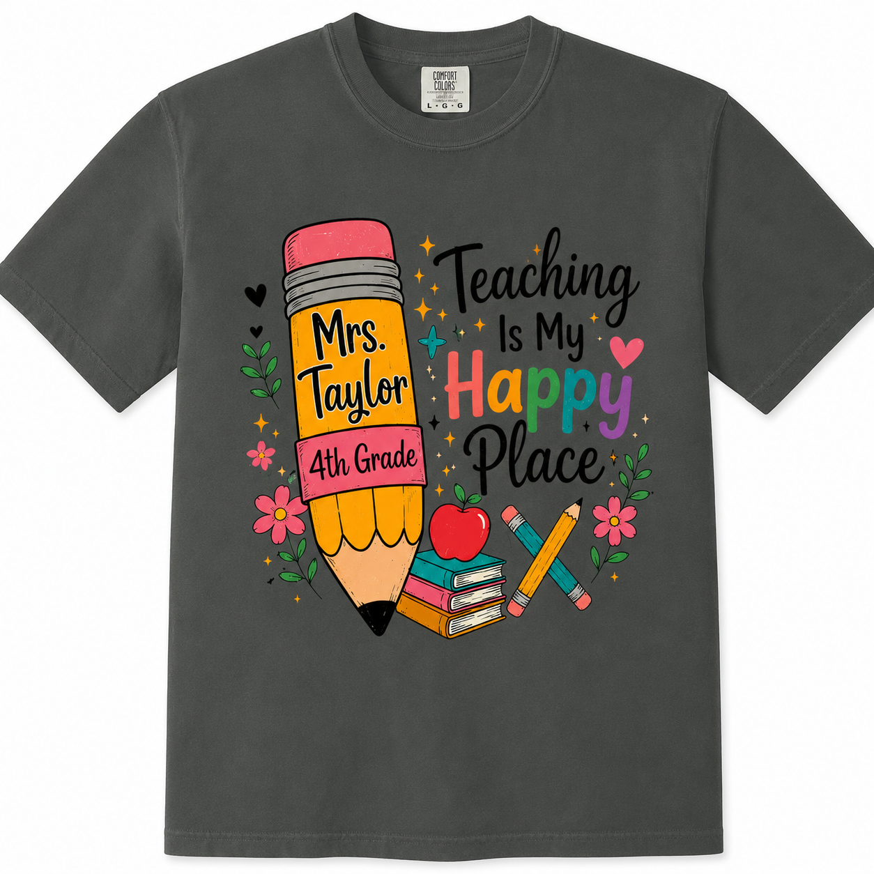 Teaching Is My Happy Place Shirt, Personalized Teacher T-Shirt, Custom Teacher Name Tee,  Back to School Gift for Teachers