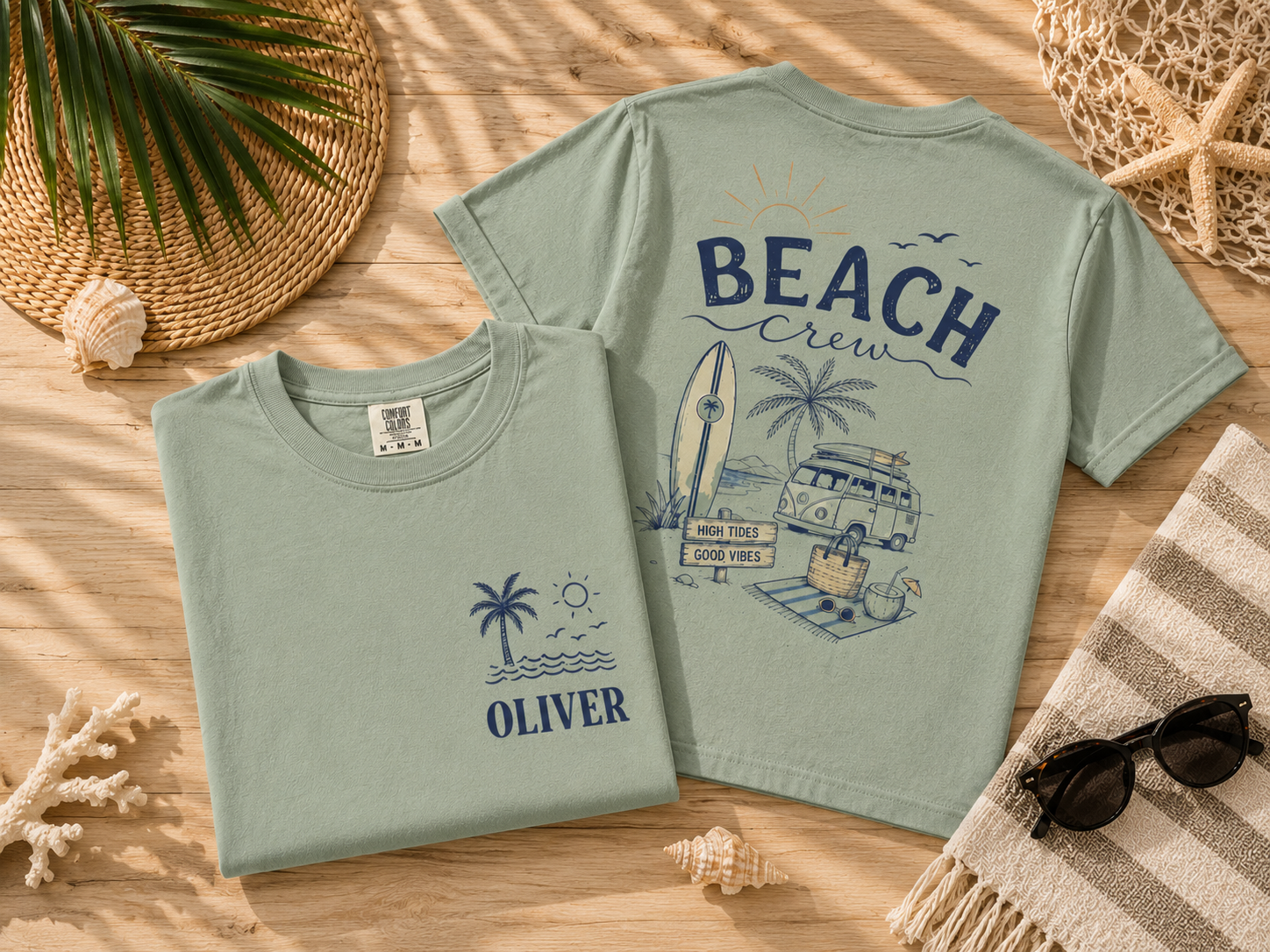 Beach Crew T-shirt | Surf Van Palm Tree Sunset Design
