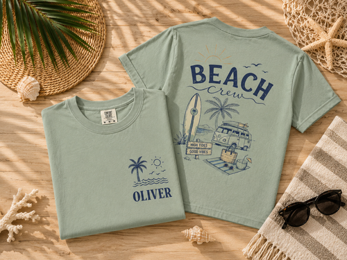 Beach Crew T-shirt | Surf Van Palm Tree Sunset Design