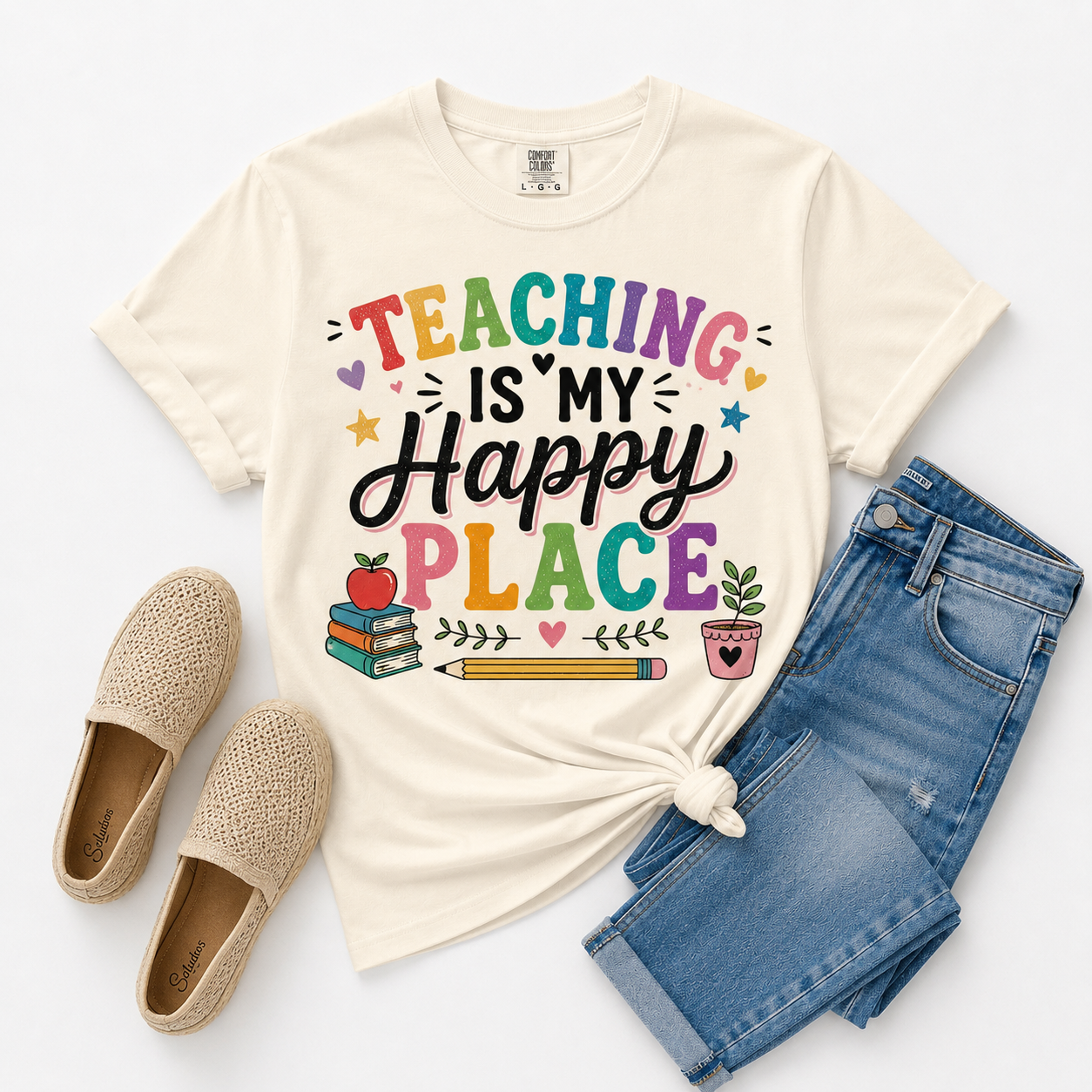 Teaching Is My Happy Place T-shirt Teacher Tee | School Books Pencil Coffee