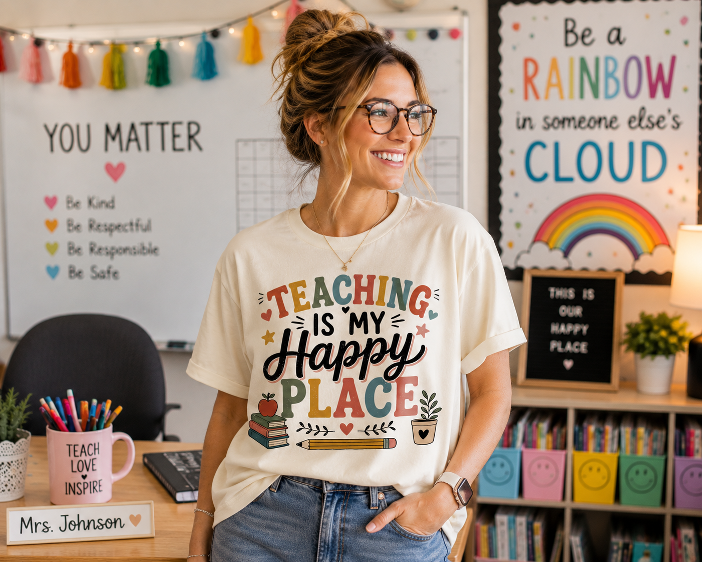 Teaching Is My Happy Place T-shirt Teacher Tee | School Books Pencil Coffee