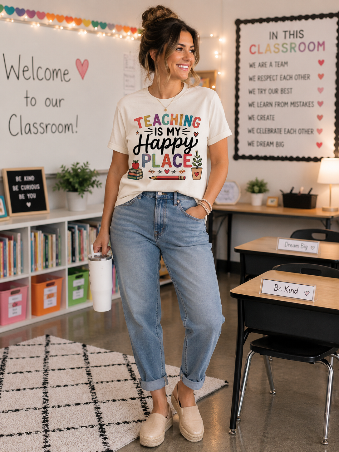 Teaching Is My Happy Place T-shirt Teacher Tee | School Books Pencil Coffee