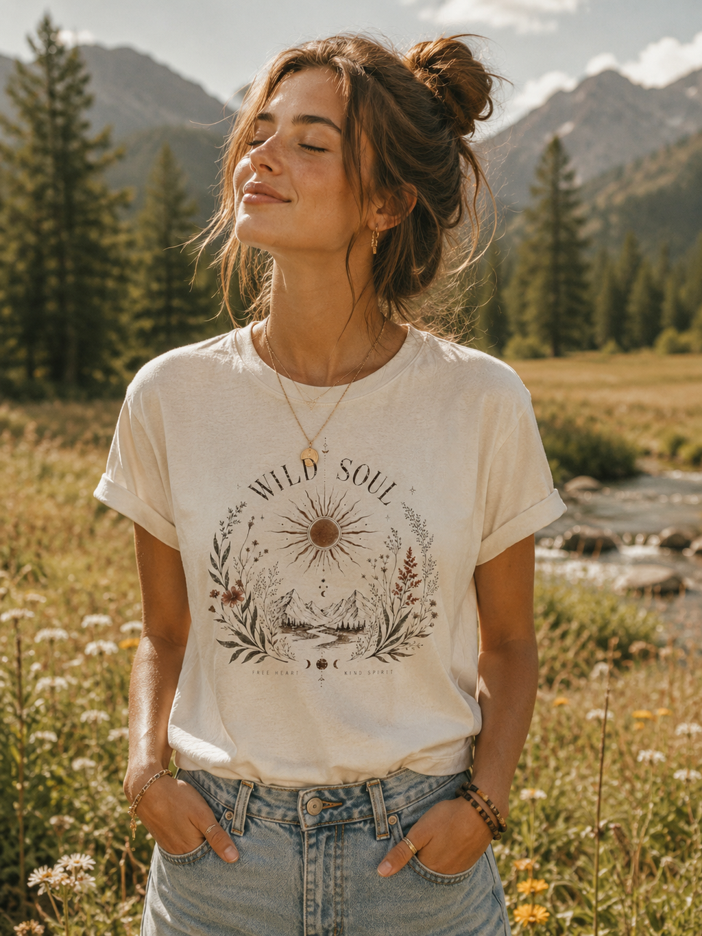 Wild Soul Mountain Sunrise T-shirt | Nature Boho Floral Design