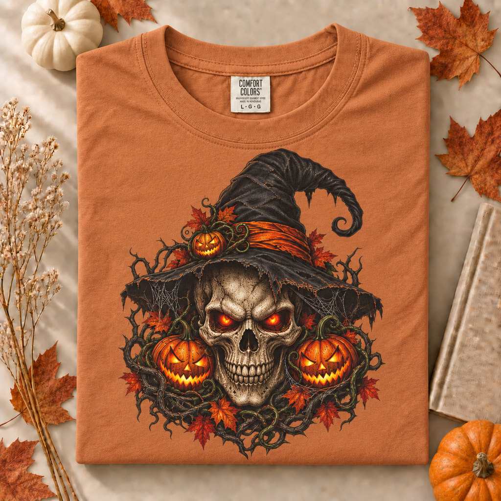 alloween Skull T-Shirt, Witch Hat Pumpkin Design, Spooky Gothic Horror Gift